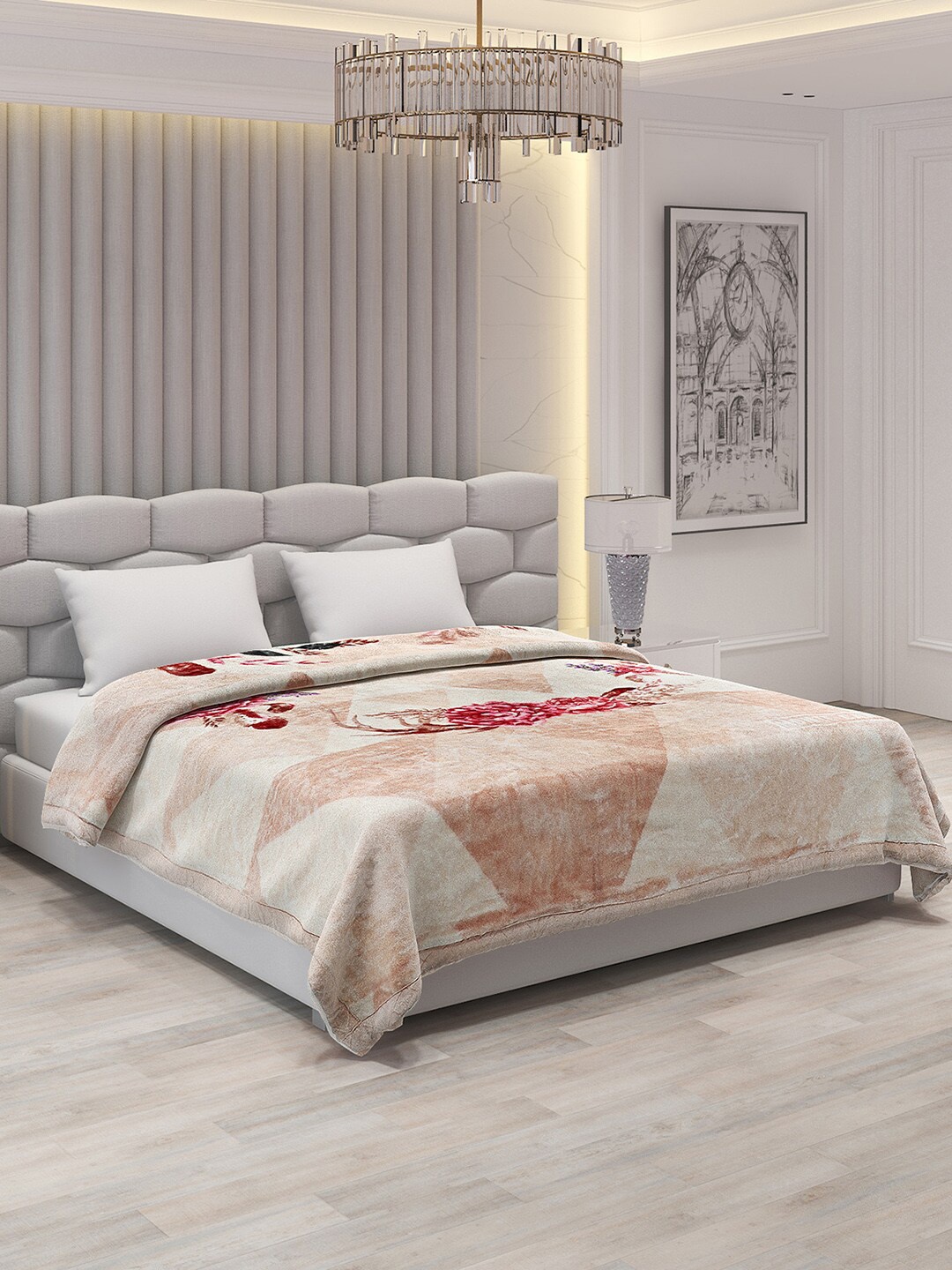 

Monte Carlo Rustom Beige & Pink Floral Heavy Winter 1000 GSM Double Bed Blanket