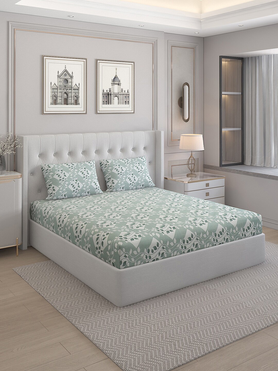 Monte Carlo Cherish Sea Green Floral Cotton 144 TC Queen Bedsheet with 2 Pillow Covers