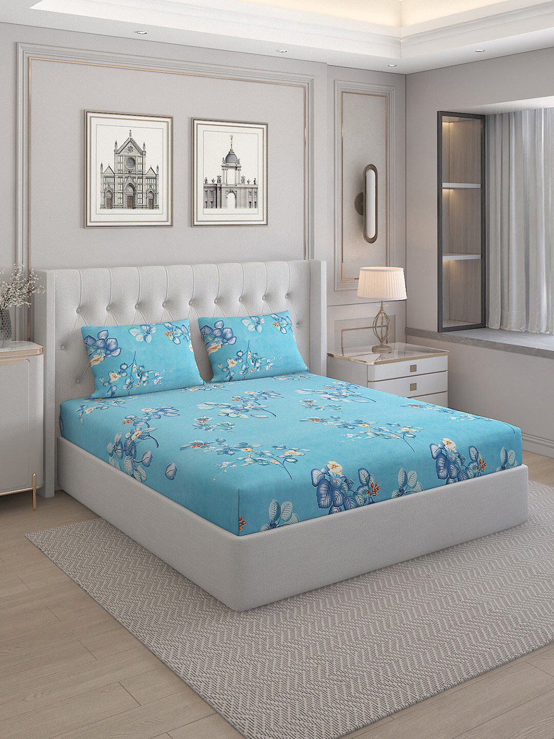 

Monte Carlo Fashnik Blue & Red Floral 144 TC Queen Bedsheet with 2 Pillow Covers