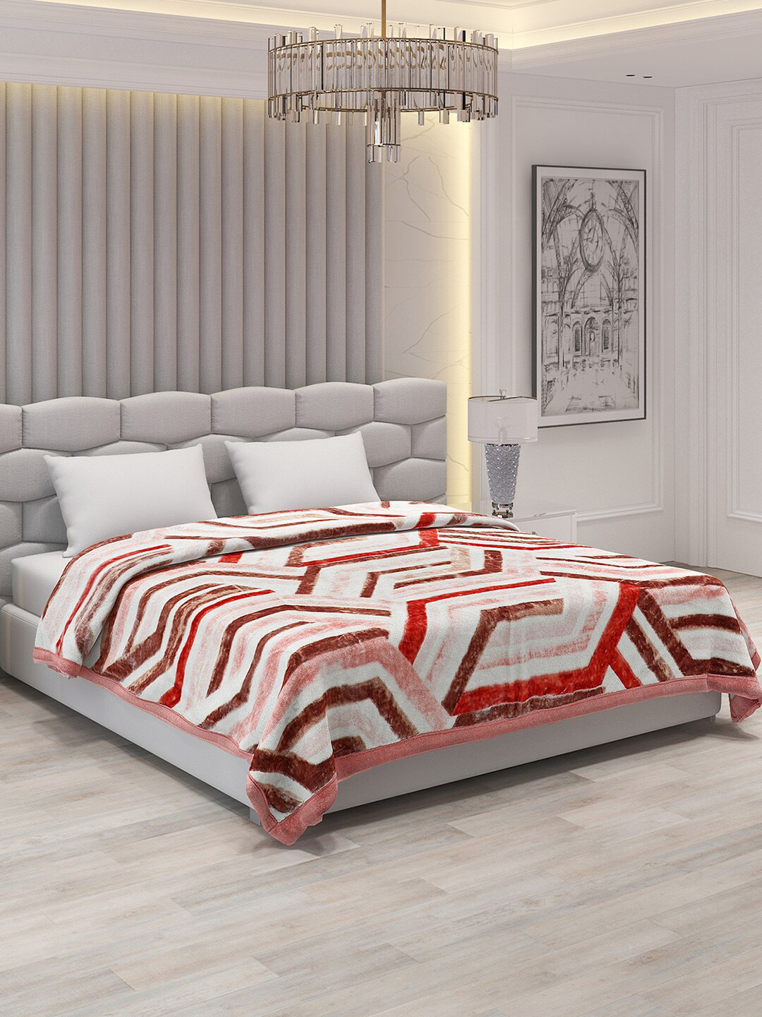 

Monte Carlo Pink & Cream-Coloured Geometric 1000 GSM Heavy Winter Double Bed Blanket