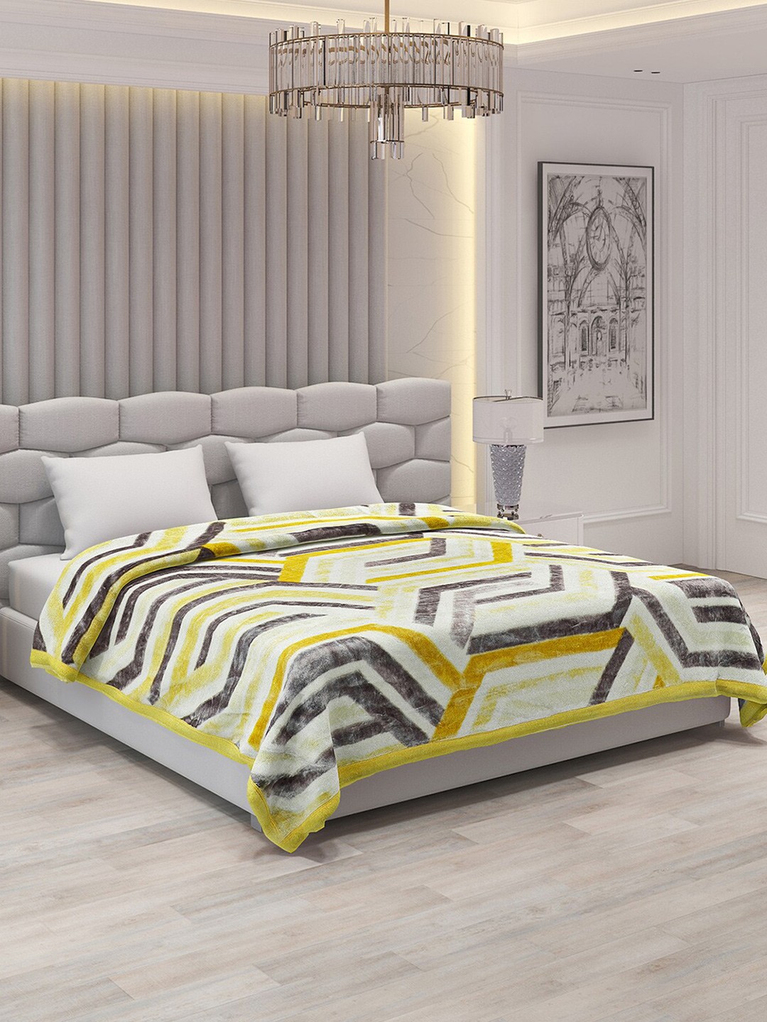 Monte Carlo Yellow & Off White Geometric 1000 GSM Heavy Winter Double Bed Blanket