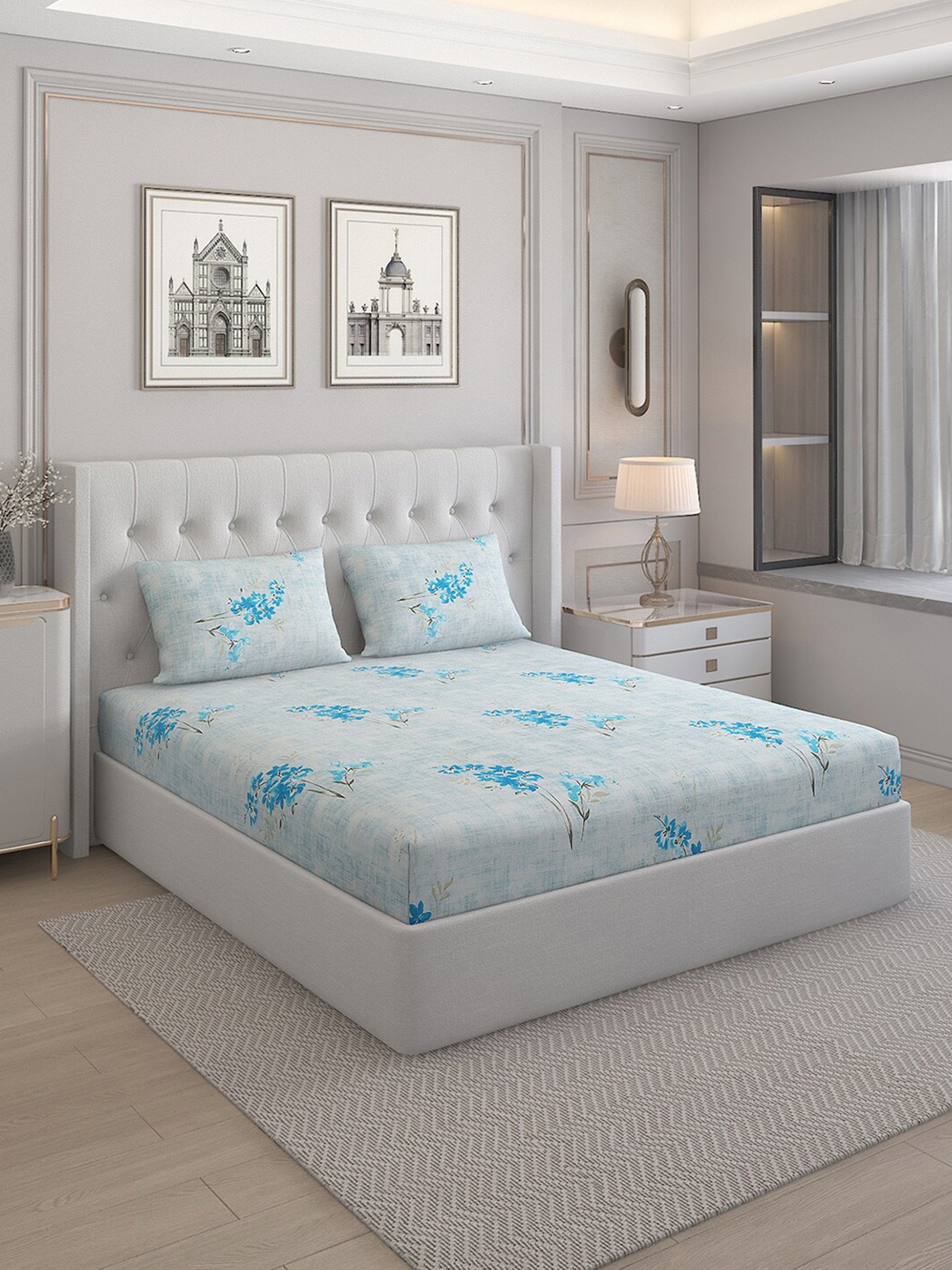 

Monte Carlo Cherish Blue & White Floral Cotton 144 TC Queen Bedsheet with 2 Pillow Covers