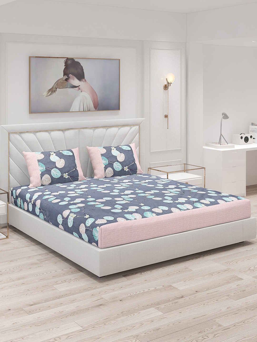 

Monte Carlo Essence Grey & Blue Floral 144 TC Queen Bedsheet with 2 Pillow Covers