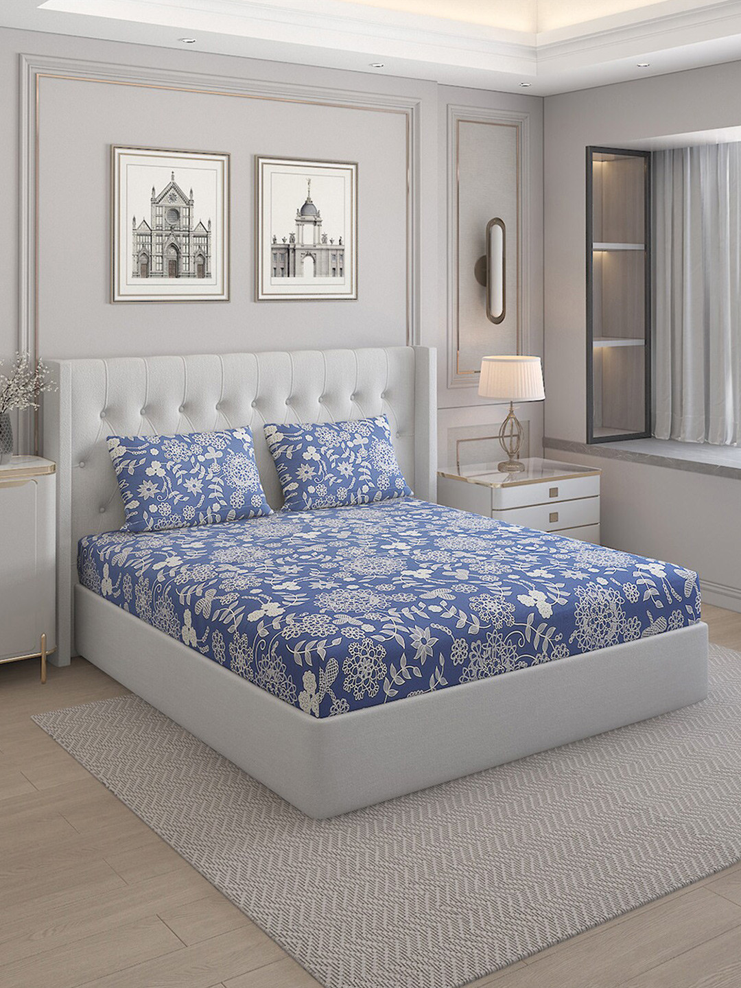 

Monte Carlo Cherish Blue & White Floral Cotton 144 TC Queen Bedsheet with 2 Pillow Covers