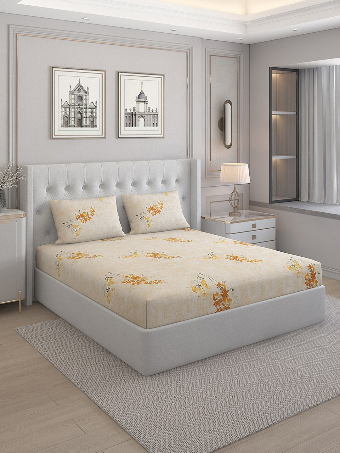 

Monte Carlo Cherish Beige & Brown Floral Cotton 144 TC Queen Bedsheet with 2 Pillow Covers
