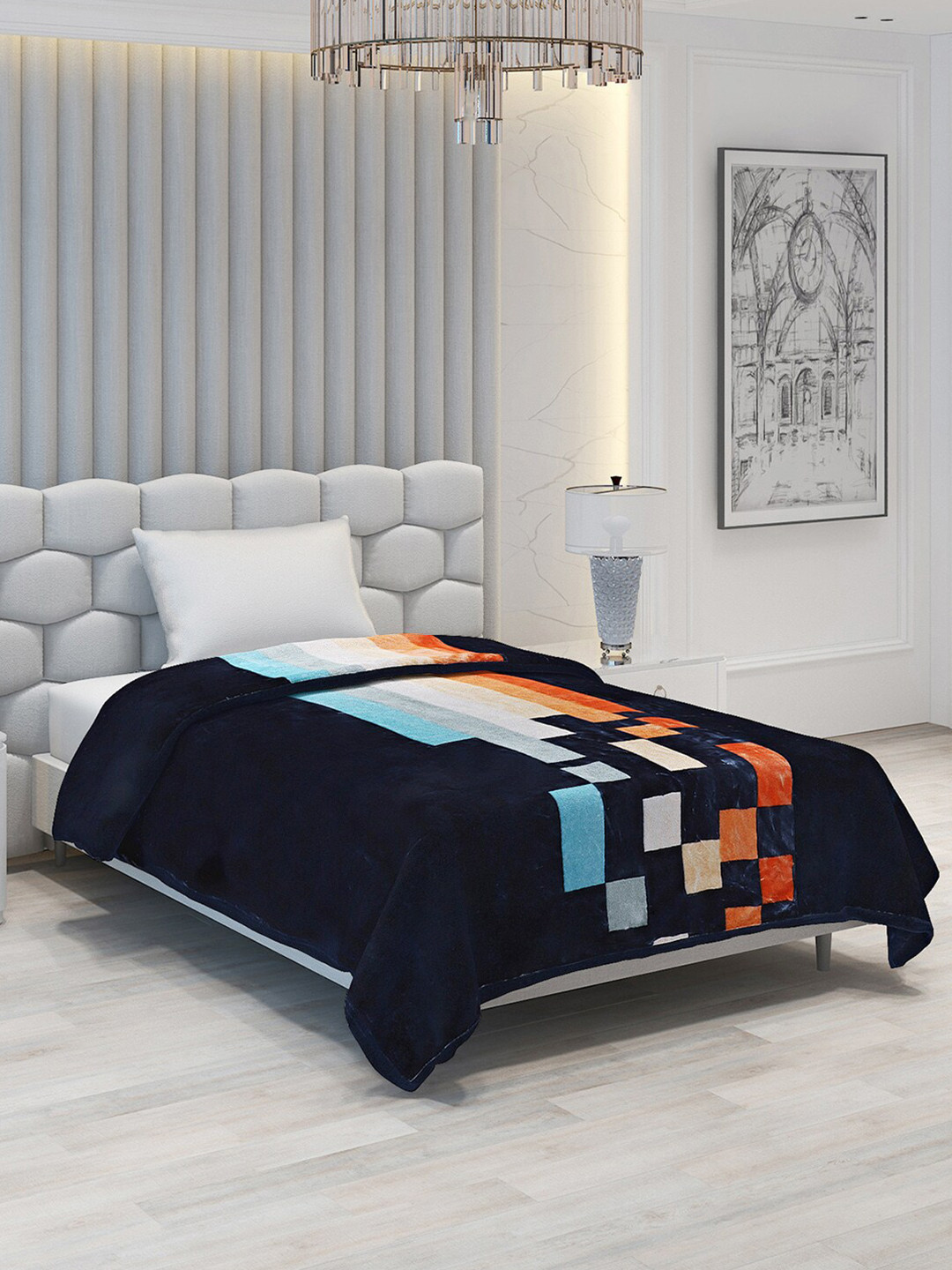 

Monte Carlo Bling Black & Blue Geometric Heavy Winter 1000 GSM Single Bed Blanket