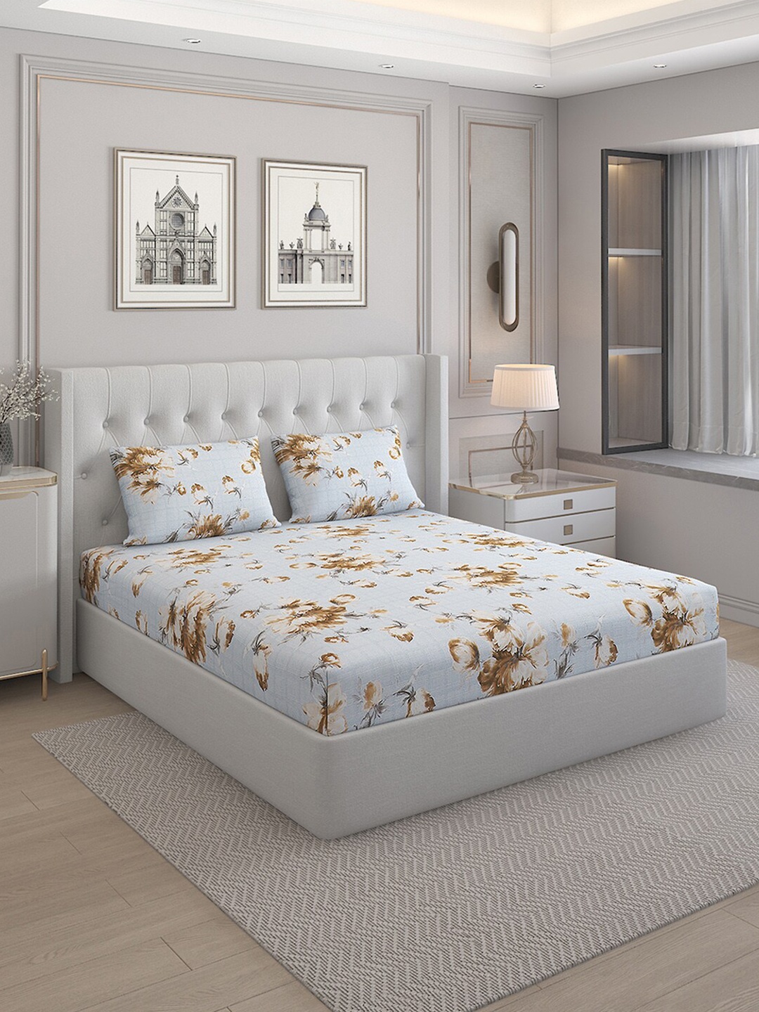 

Monte Carlo Cherish Blue & Brown Floral 144 TC Queen Bedsheet With 2 Pillow Covers
