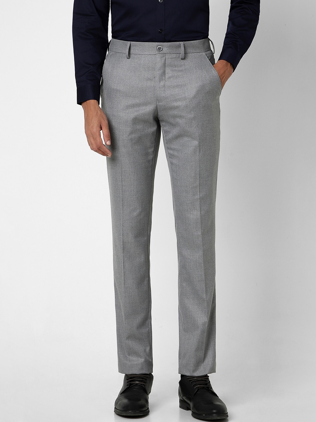 

V Dot Men Skinny Fit Mid Rise Formal Trousers, Grey