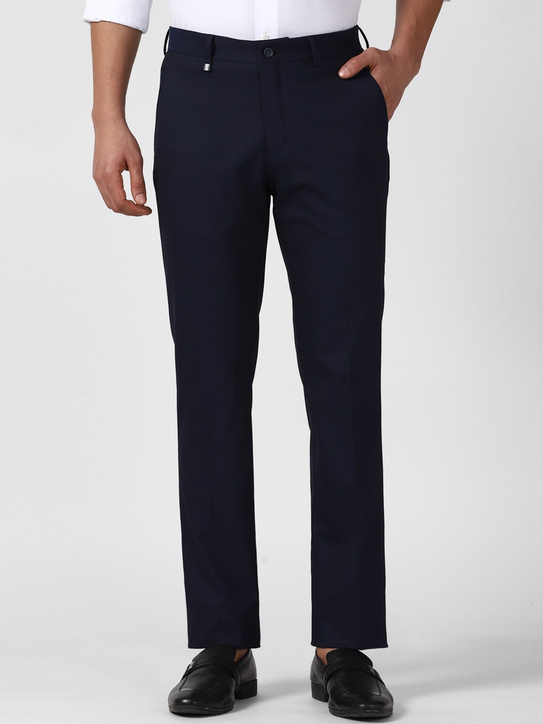 

V Dot Men Skinny Fit Mid Rise Formal Trousers, Navy blue