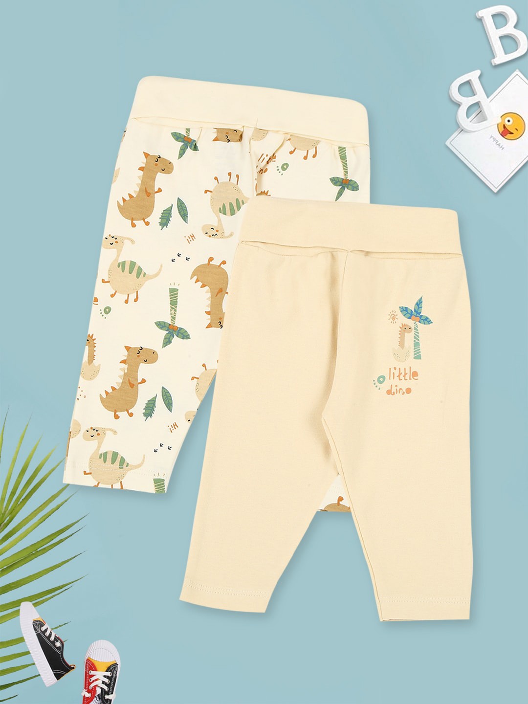MeeMee Infants Pack Of 2 Dino Printed Cotton Lounge Pants, Beige