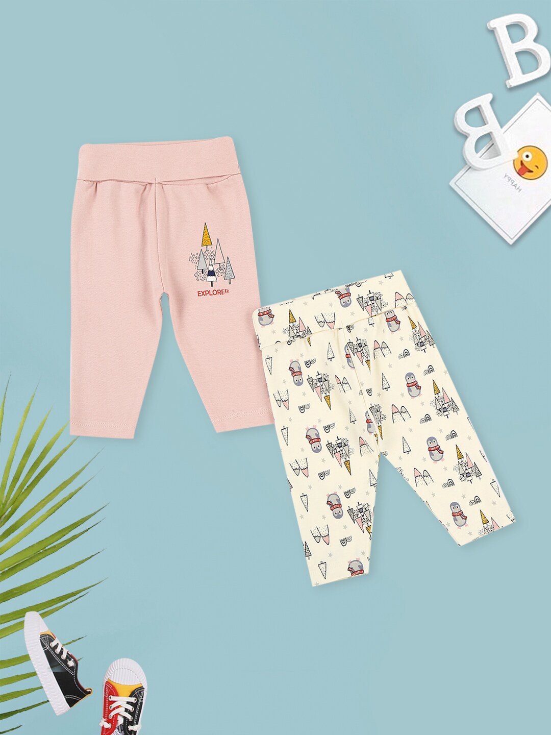 

MeeMee Kids Pack Of 2 Printed Ankle Length Cotton Leggings, Off white