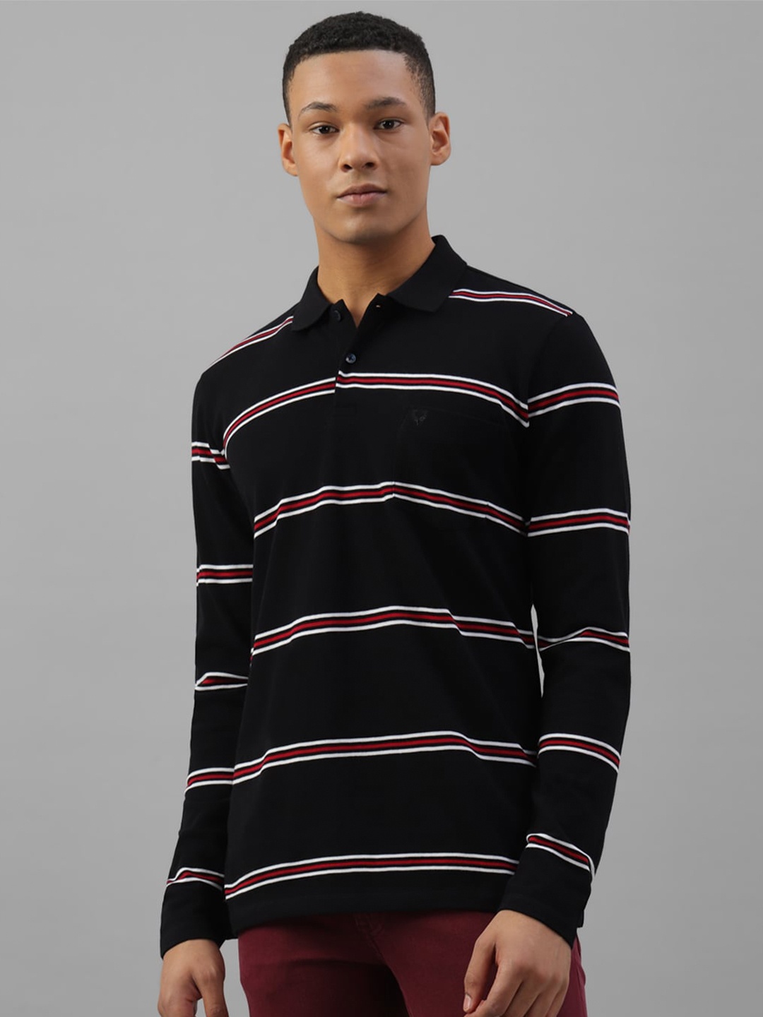 Allen Solly Striped Polo Collar Pure Cotton T-shirt, Black