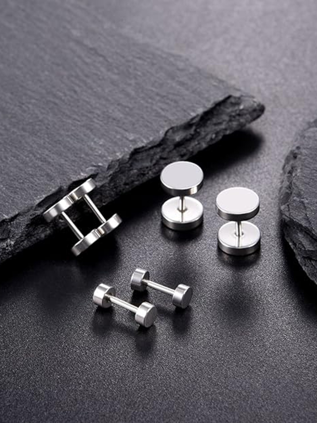 

KARISHMA KREATIONS Men Set of 3 Silver-Plated Dumbells Studs