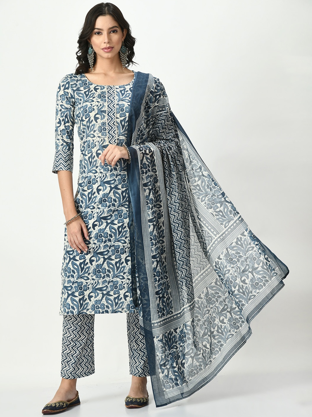

KALINI Floral Printed Pure Cotton Kurta with Trousers & Dupatta, Blue