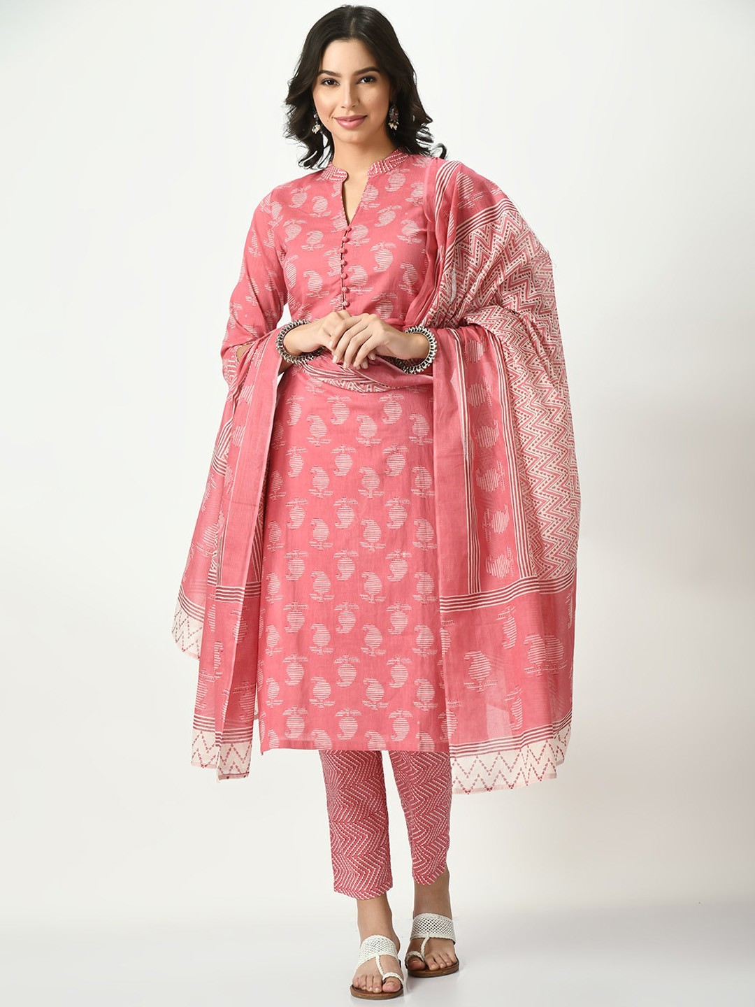 

KALINI Paisley Printed Mandarin Collar Pure Cotton Kurta with Trousers & Dupatta, Peach