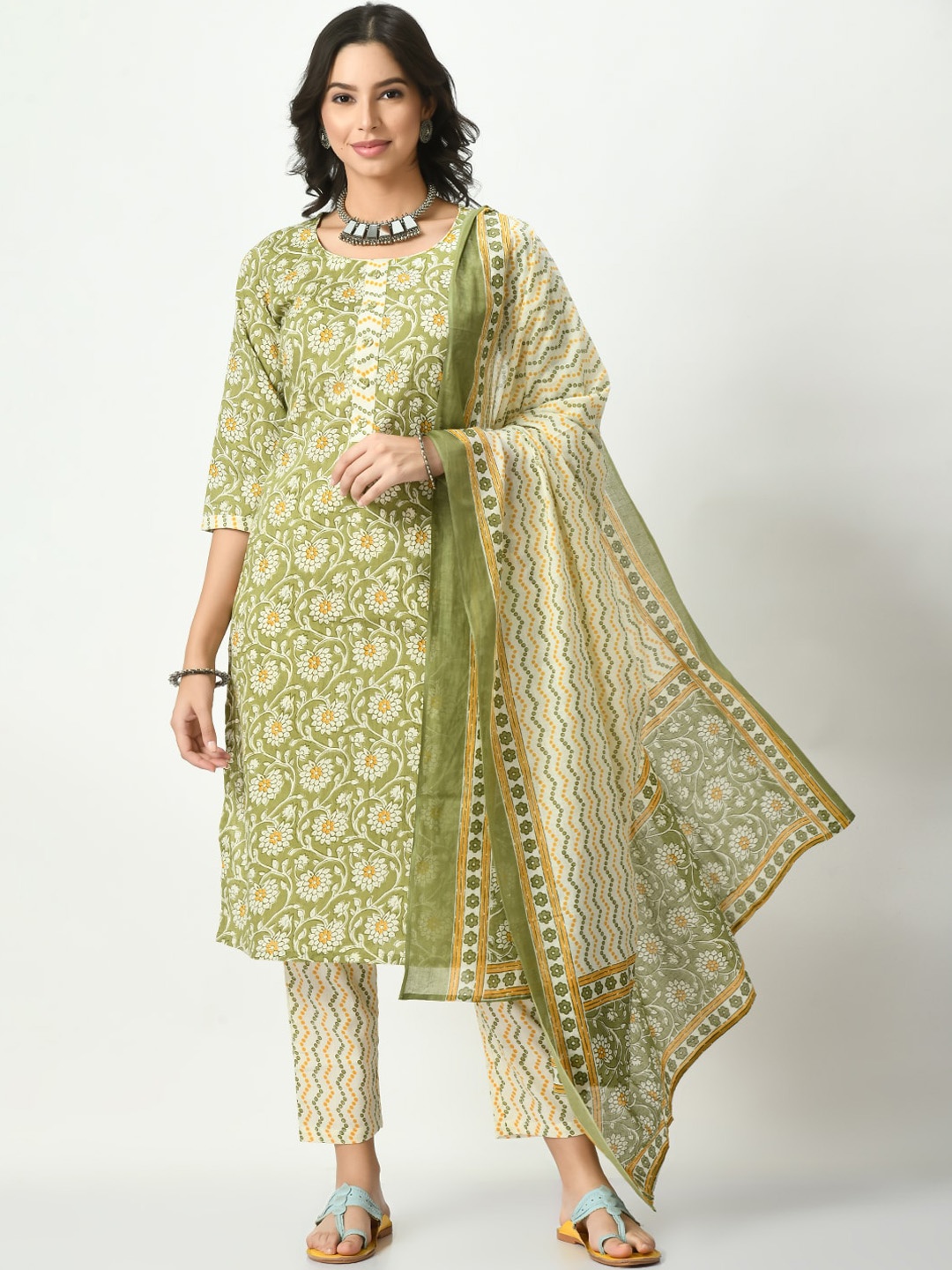 

KALINI Floral Printed Pure Cotton Kurta with Trousers & Dupatta, Green