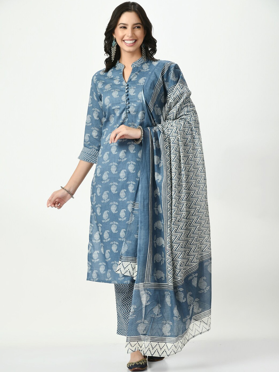 

KALINI Paisley Printed Mandarin Collar Pure Cotton Kurta with Trousers & Dupatta, Blue