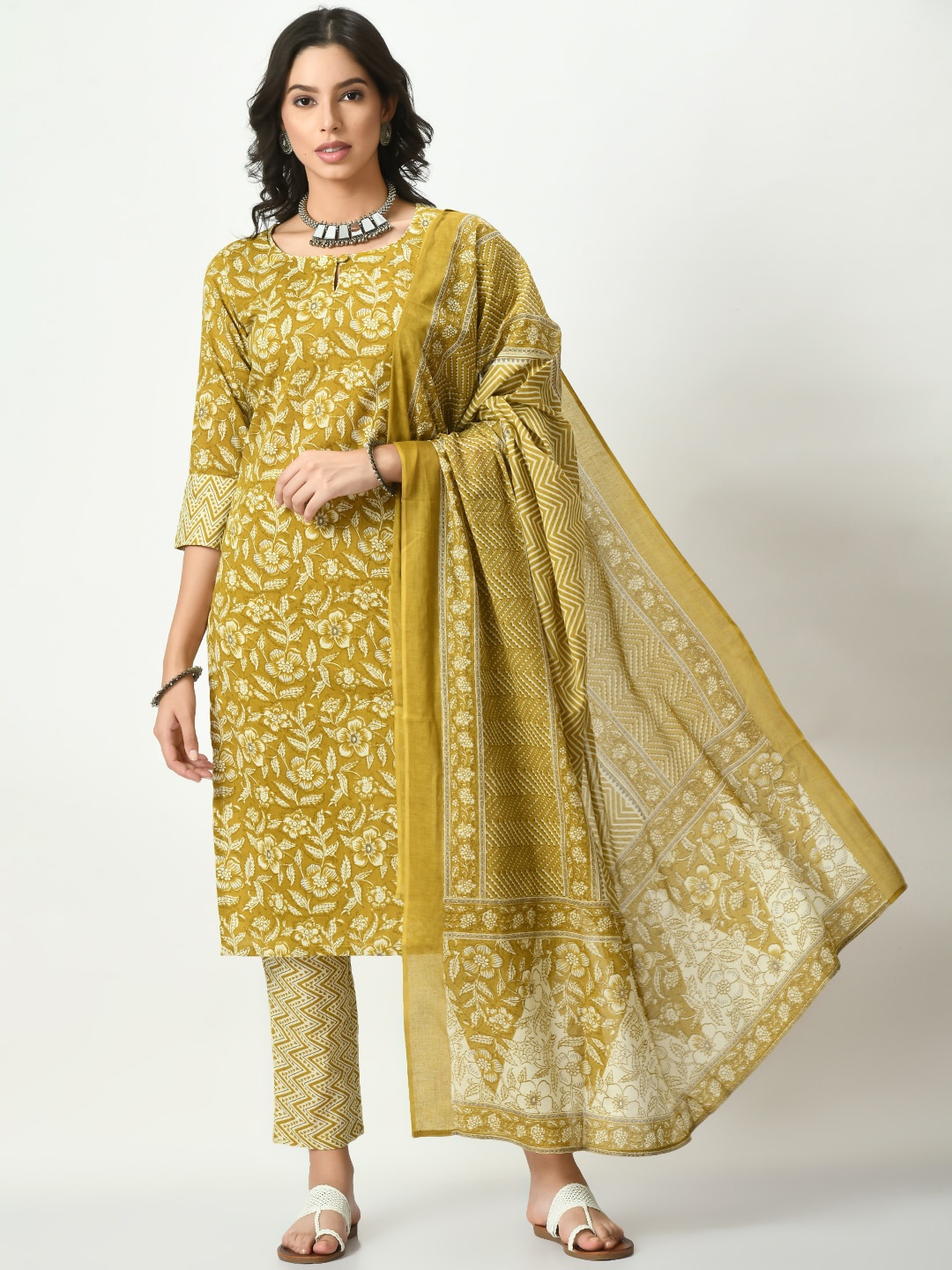 

KALINI Floral Printed Regular Pure Cotton Kurta With Trousers & Dupatta, Mustard