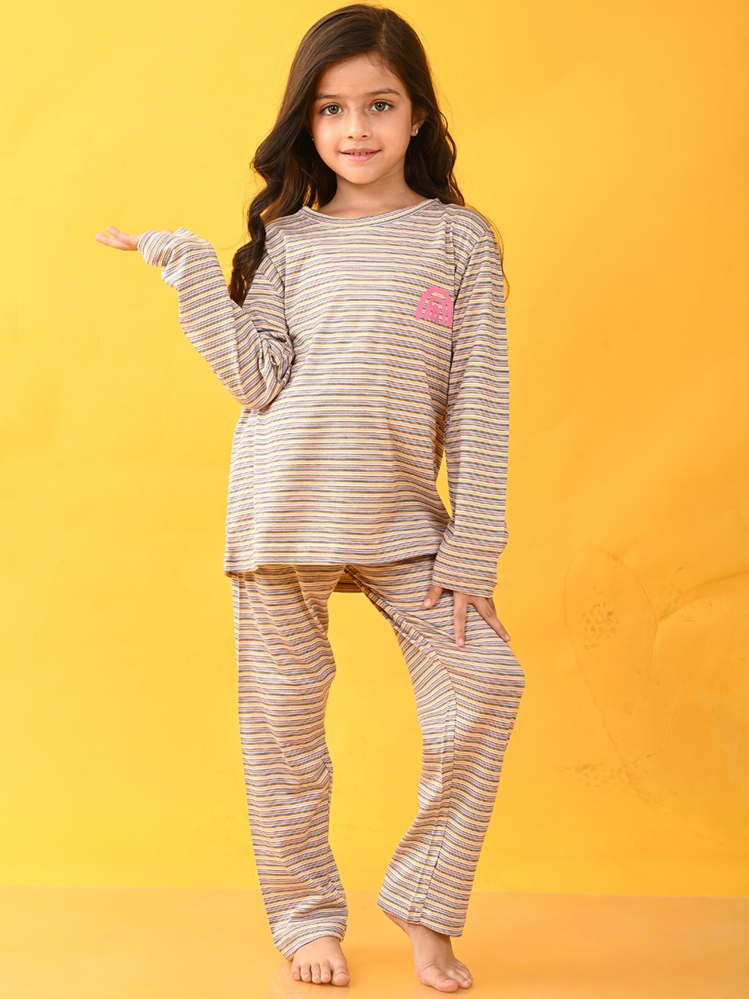 

Anthrilo Girls Striped Round Neck Long Sleeve Night suits, Pink