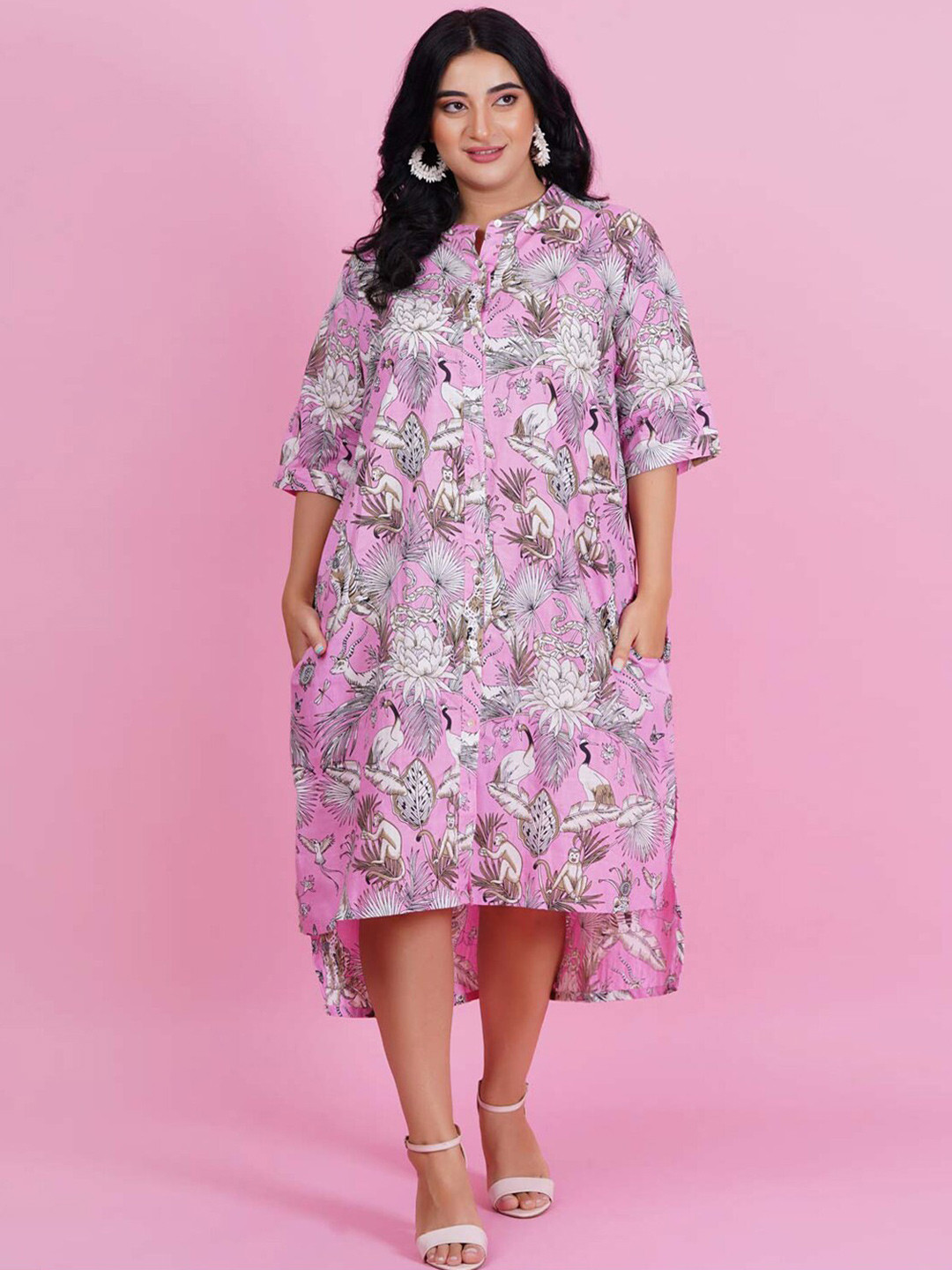 

LastInch Floral Printed Cotton A-Line Midi Dress, Pink