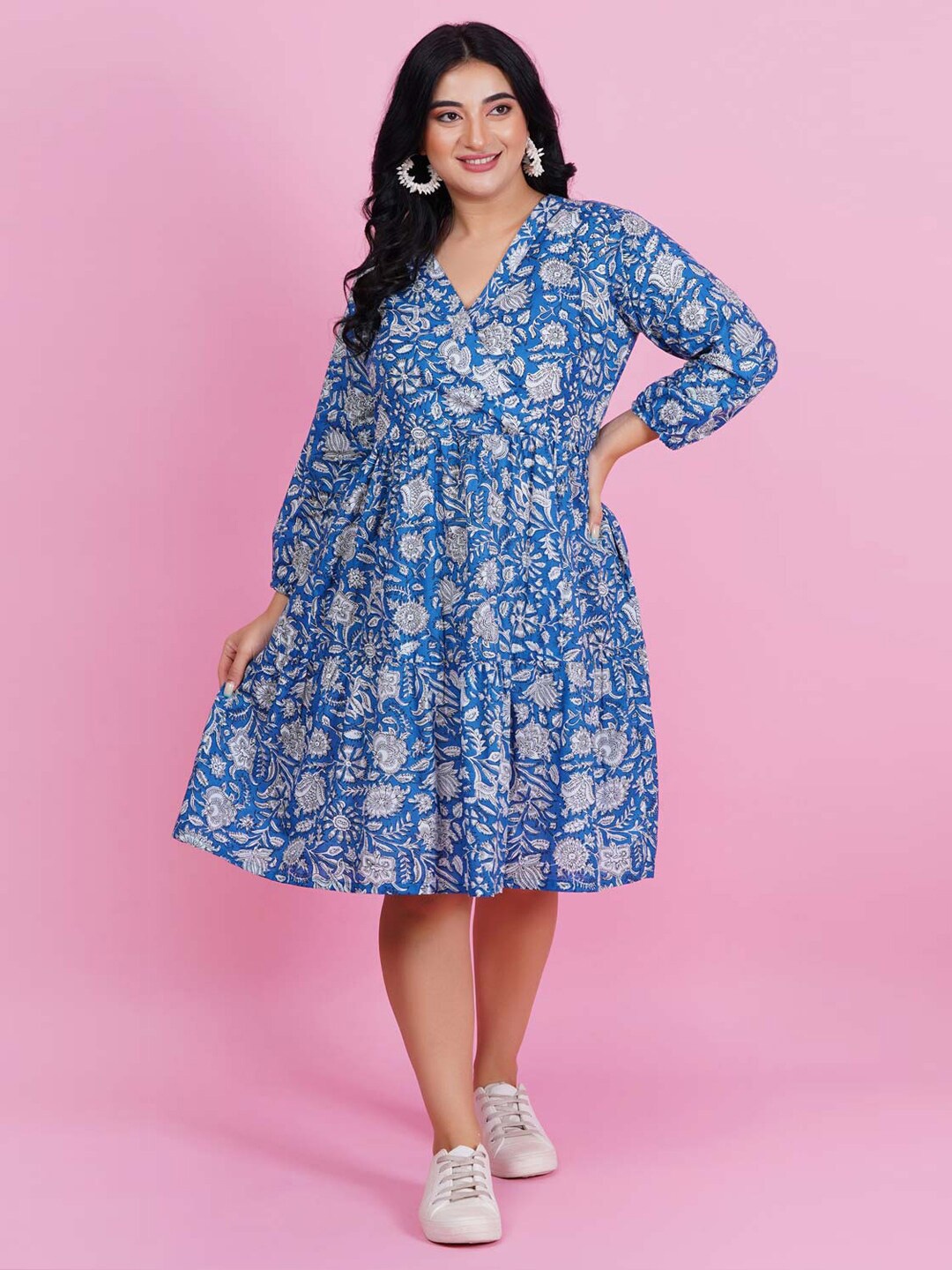 

LastInch Blue Floral Printed Cotton A-Line Dress