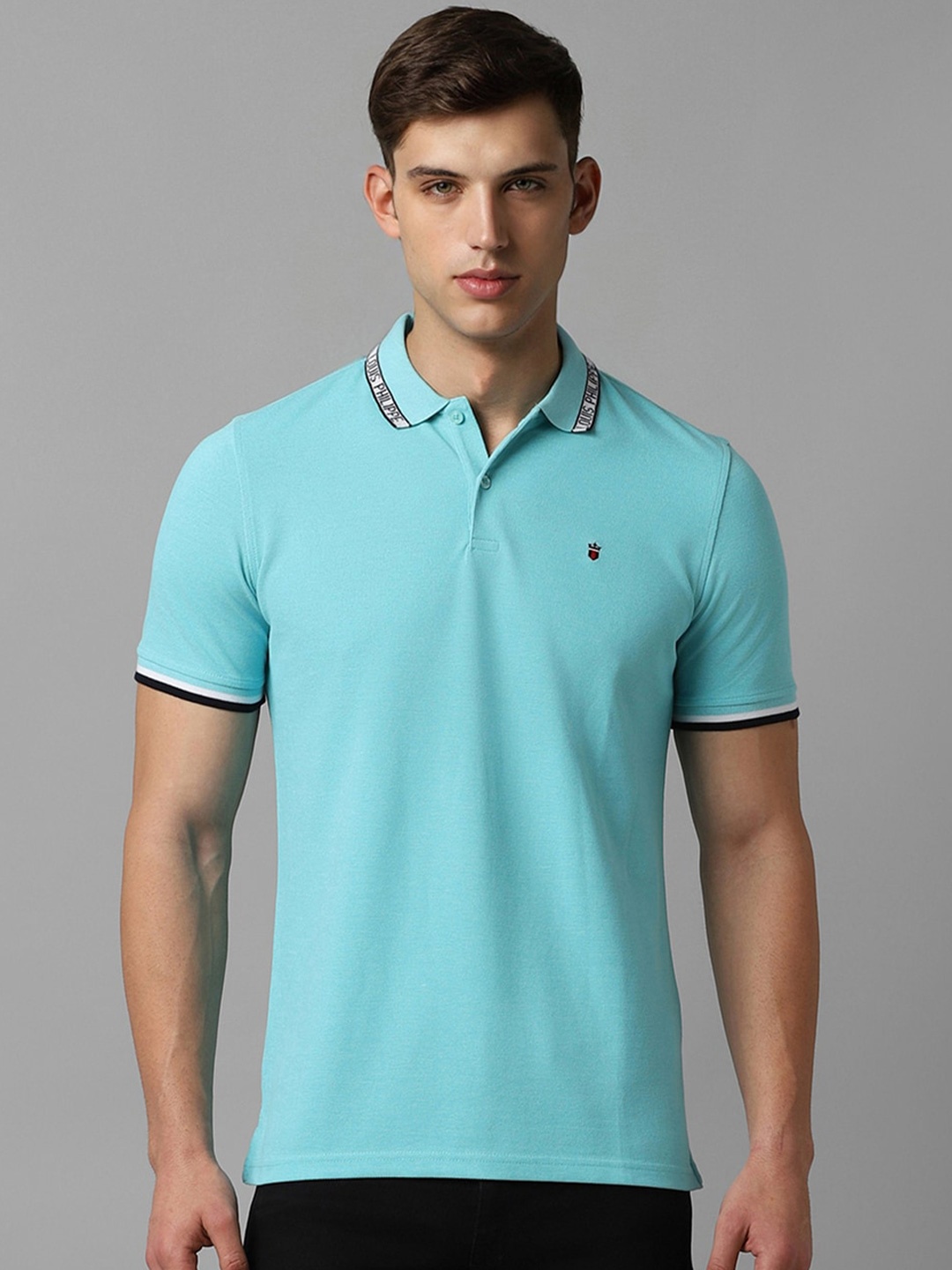 

Louis Philippe Sport Brand Logo Printed Polo Collar Cotton Slim Fit T-shirt, Blue