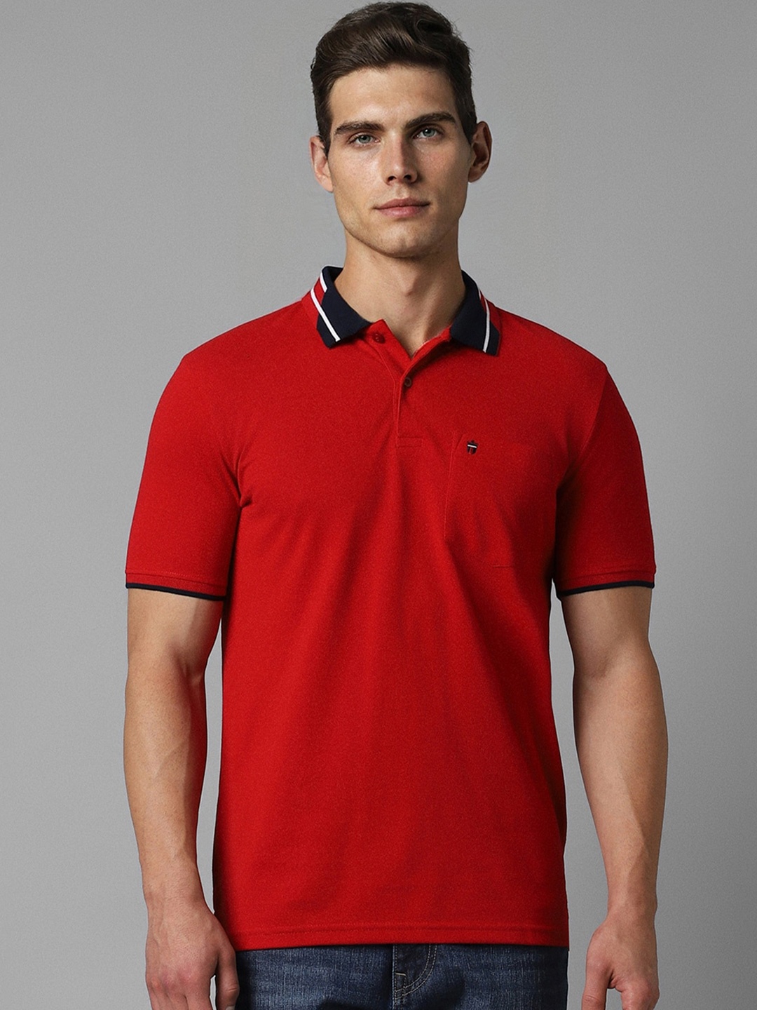 

Louis Philippe Sport Colourblocked Polo Collar Cotton Slim Fit T-shirt, Red