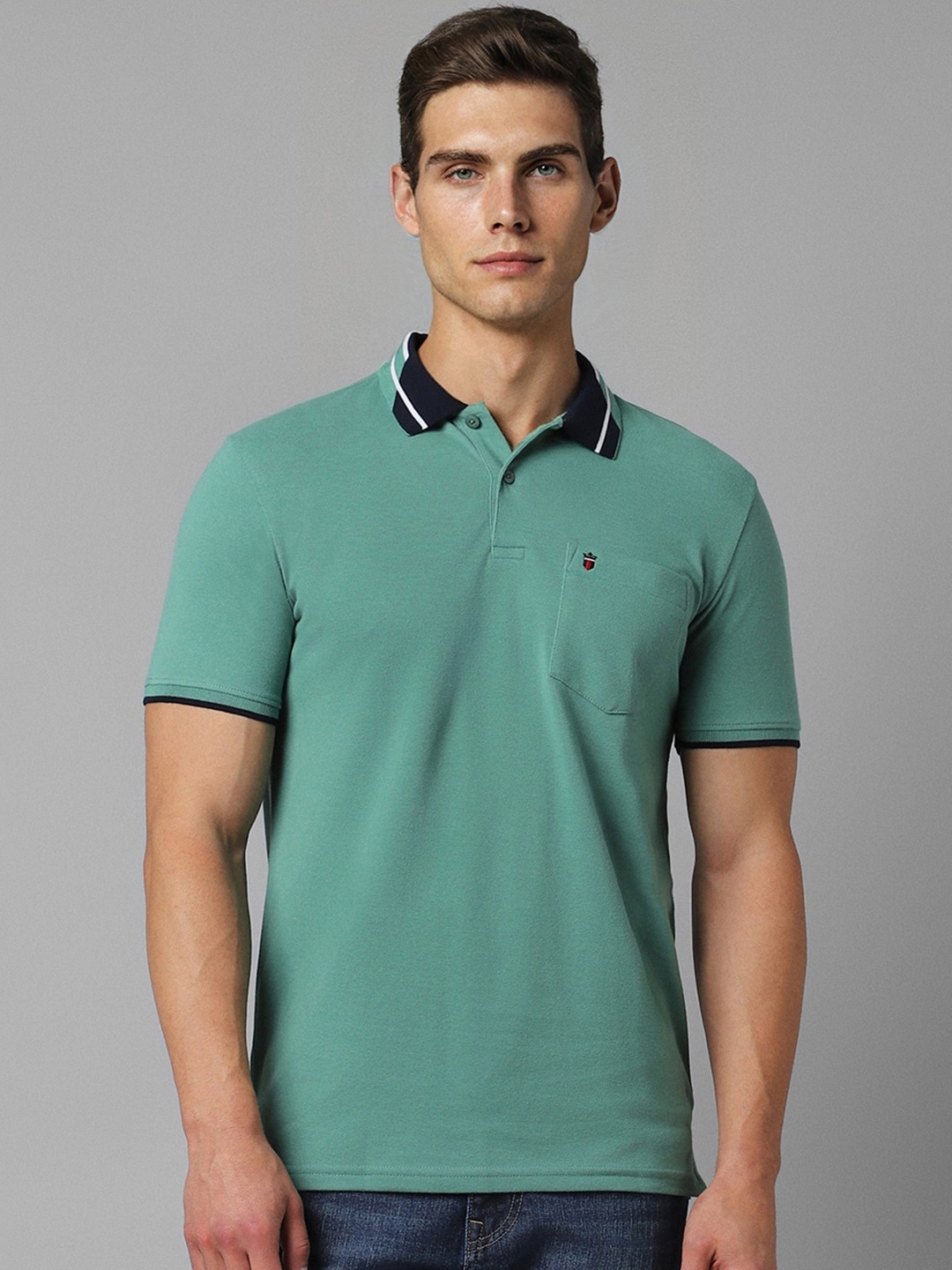 Louis Philippe Sport Colourblocked Polo Collar Cotton Slim Fit T-shirt, Green