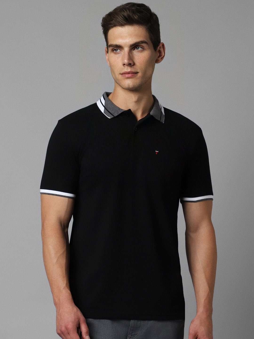 

Louis Philippe Sport Colourblocked Polo Collar Cotton Slim Fit T-shirt, Black