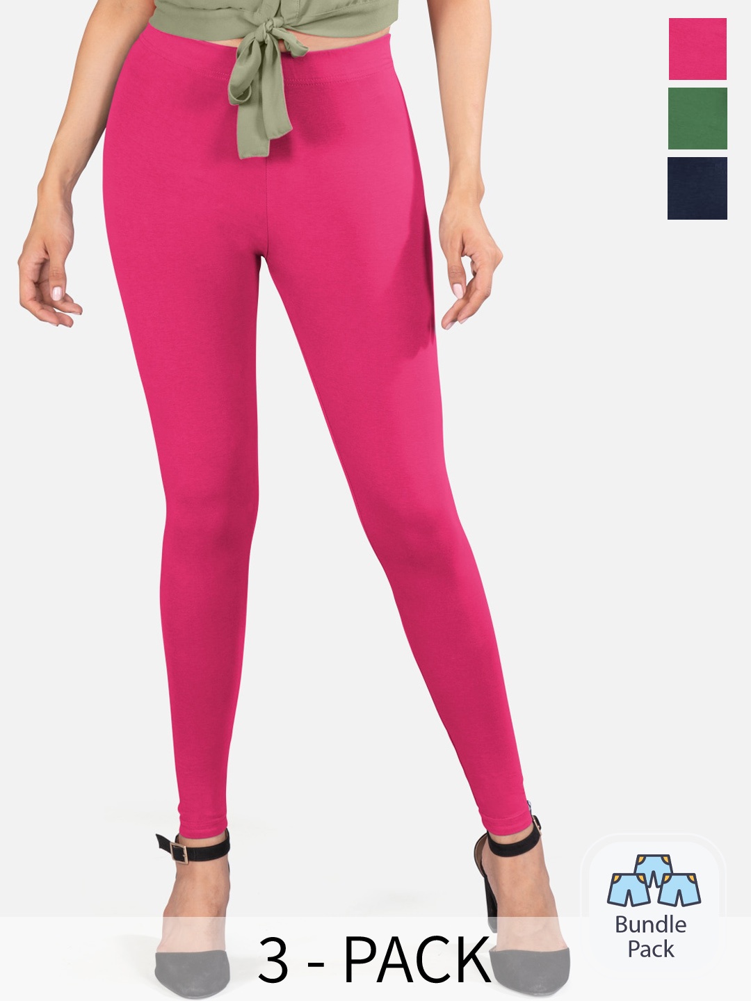 

indian flower Pack Of 3 Ankle Length Cotton Leggings, Pink