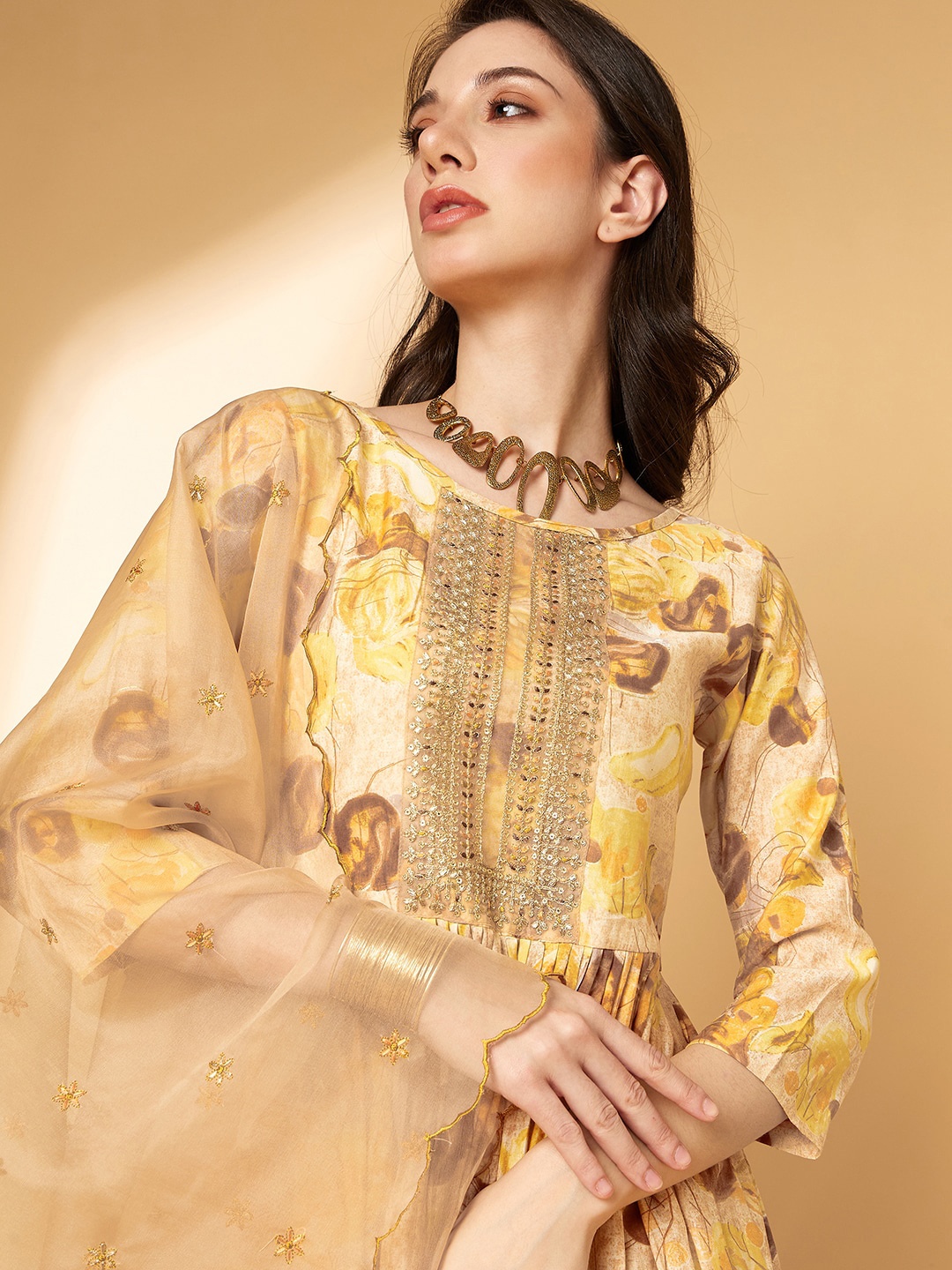 

Sangria Yellow Floral Printed Sequinned Details Pleated Kurta & Trousers With Dupatta