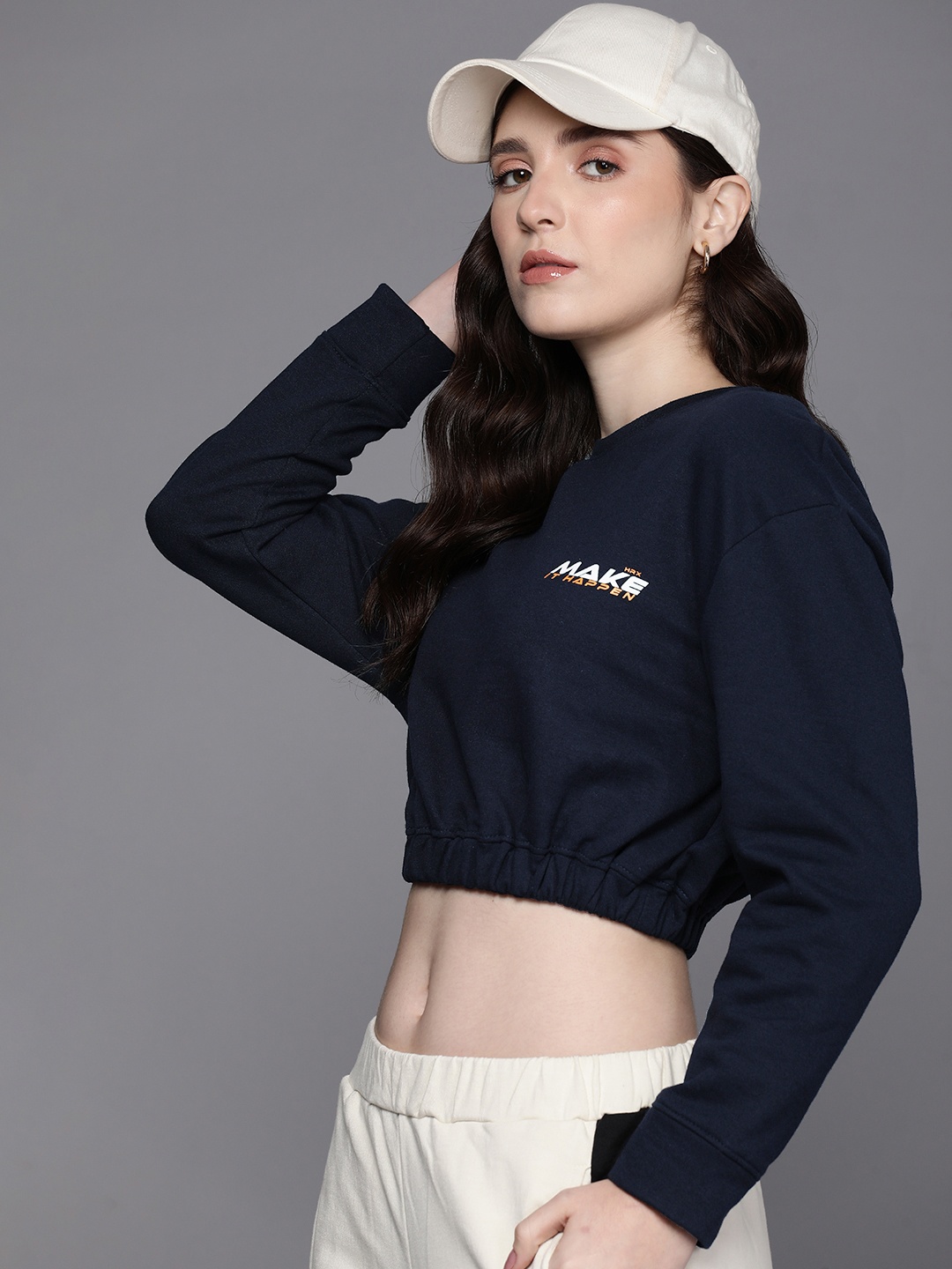 

HRX by Hrithik Roshan Women Lifestyle Printed Crop Terry Sweatshirt, Navy blue