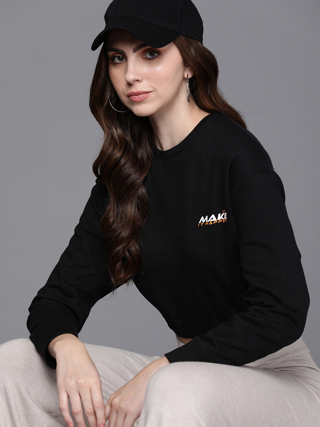 

HRX by Hrithik Roshan Women Lifestyle Printed Crop Terry Sweatshirt, Black