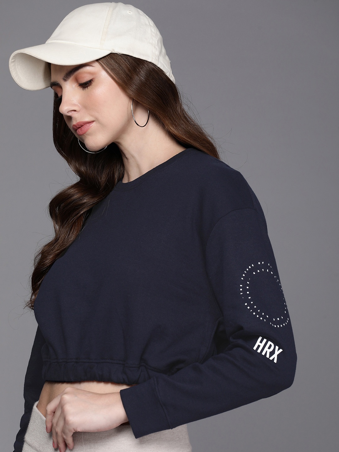 

HRX by Hrithik Roshan Women Lifestyle Printed Crop Terry Sweatshirt, Navy blue