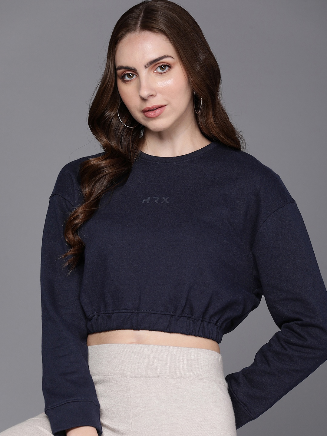 

HRX by Hrithik Roshan Women Lifestyle Crop Terry Sweatshirt, Navy blue