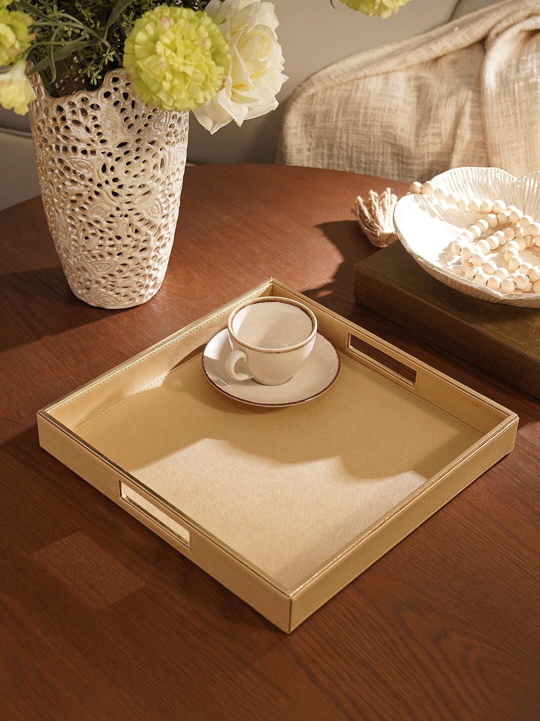 

Pure Home and Living Gold Toned Faux Leather Serving Tray, Brown