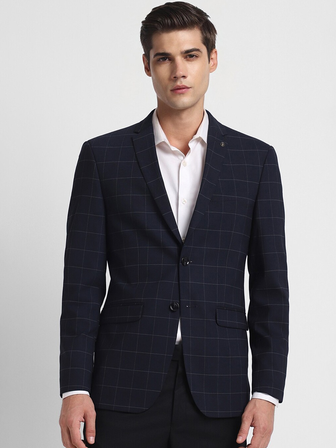 

Allen Solly Checked Slim Fit Single Breasted Formal Blazer, Navy blue