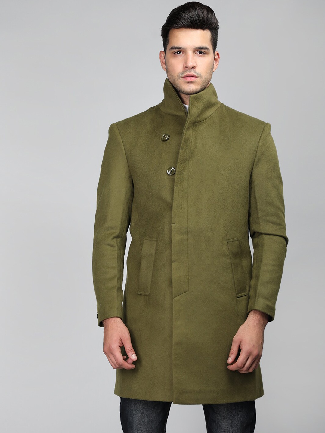 

Dlanxa Single-Breasted Mock Collar Tweed Overcoat, Olive