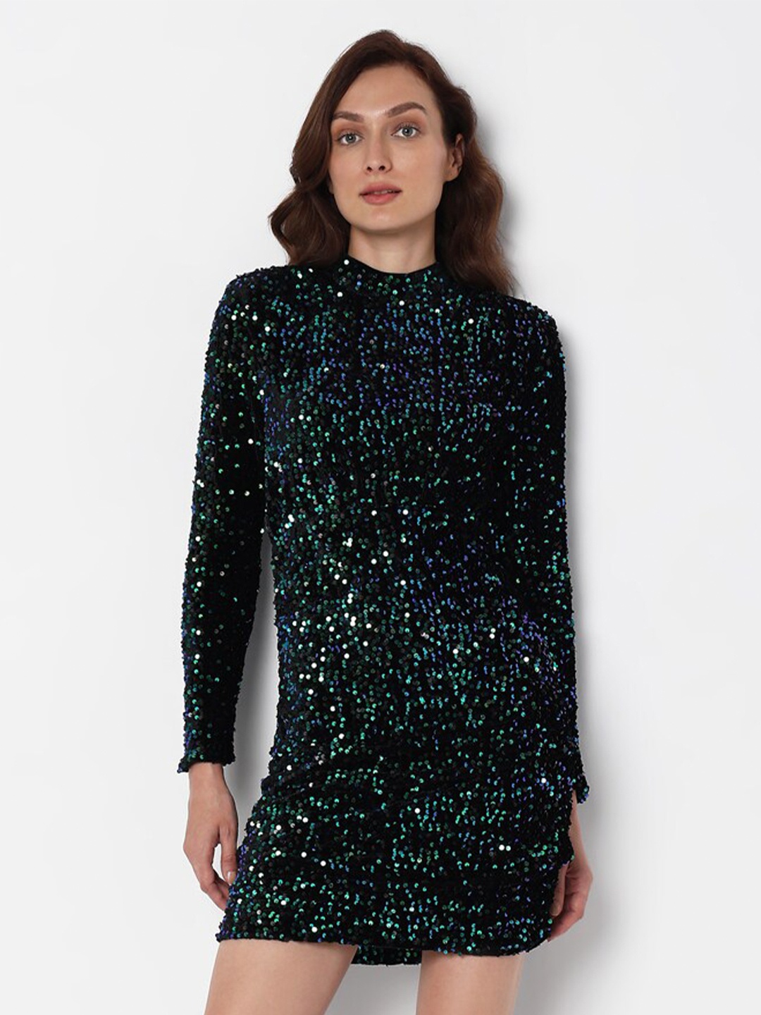 

Vero Moda High Neck Sequinned Embellished Sheath Mini Dress, Black