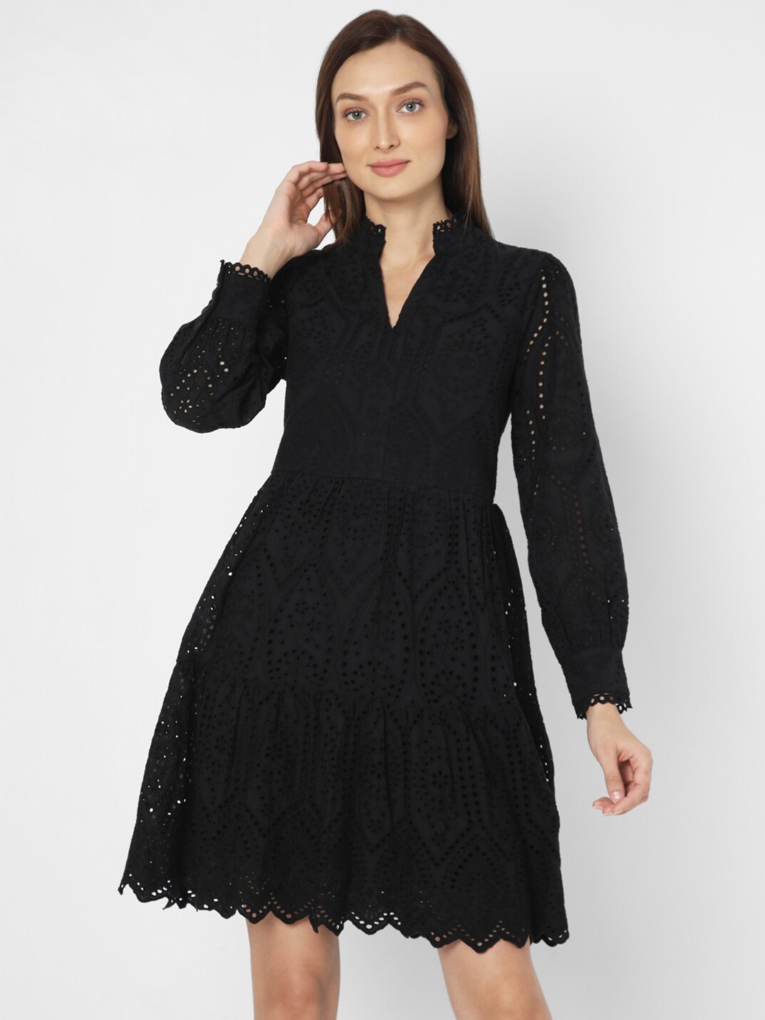 

Vero Moda Mandarin Collar Schiffli Cuffed Sleeves Cotton Dress, Black