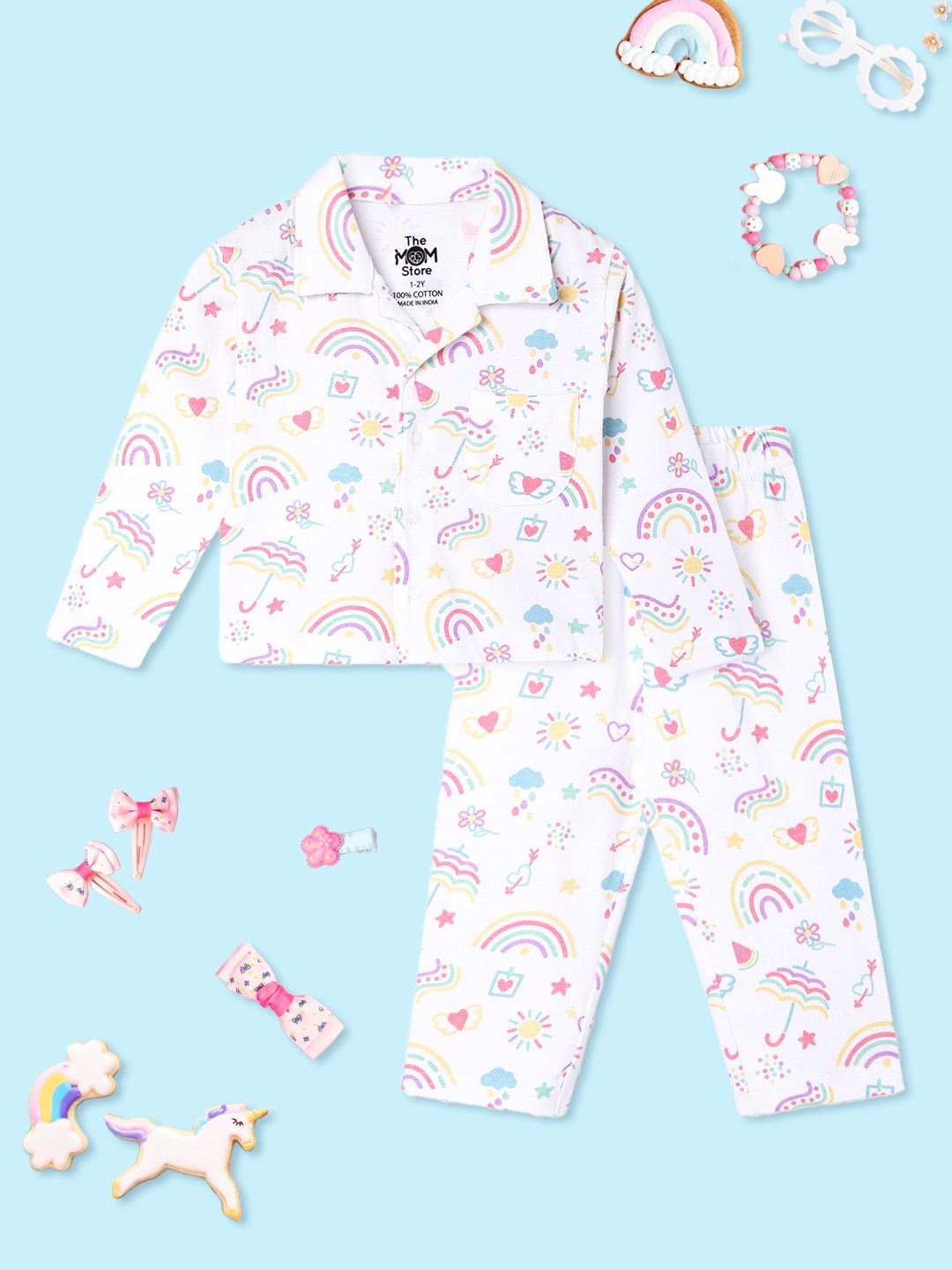 

The Mom Store Kids Conversational Printed Lapel Collar Pure Cotton Night suit, White