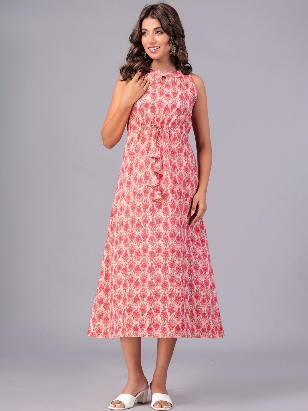 

EtnicaWear Floral Print Keyhole Neck Cotton A-Line Midi Dress, Peach