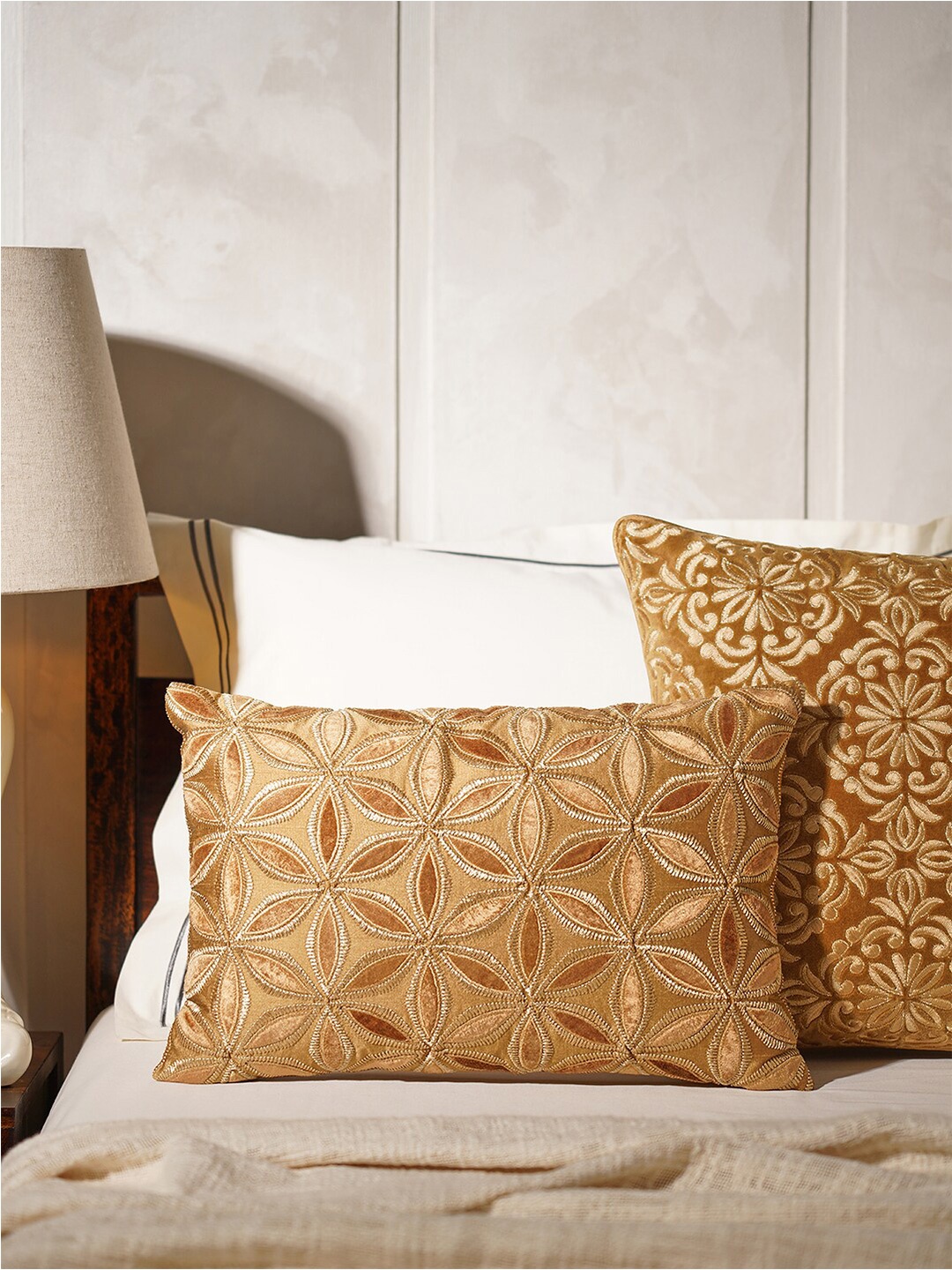Pure Home and Living Gold-Toned Embroidered Cotton Rectangle Cushion Cover
