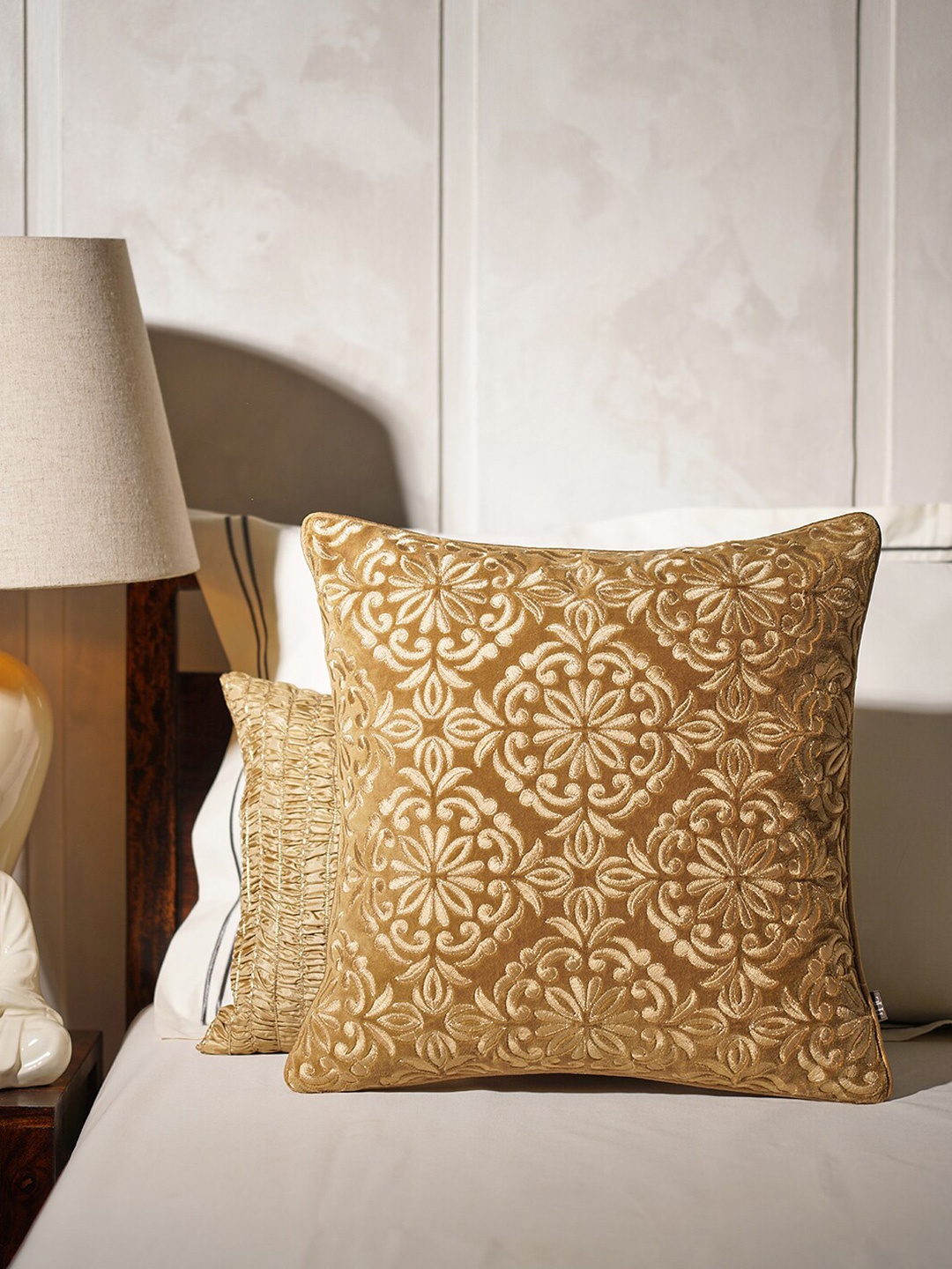 Pure Home and Living Gold-Toned Embroidered Velvet Square Cushion Cover