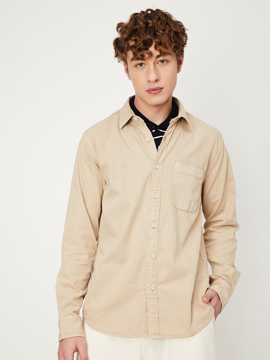 

max Spread Collar Long Sleeves Cotton Casual Shirt, Off white