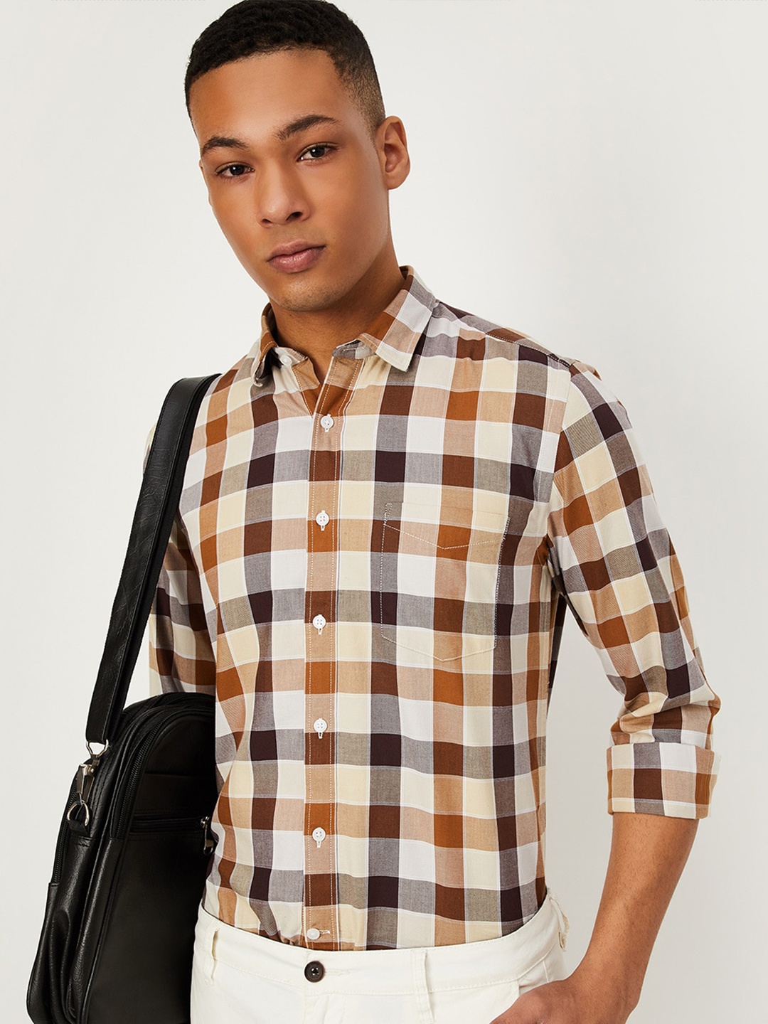 max Buffalo Checks Spread Collar Long Sleeves Cotton Casual Shirt, Brown