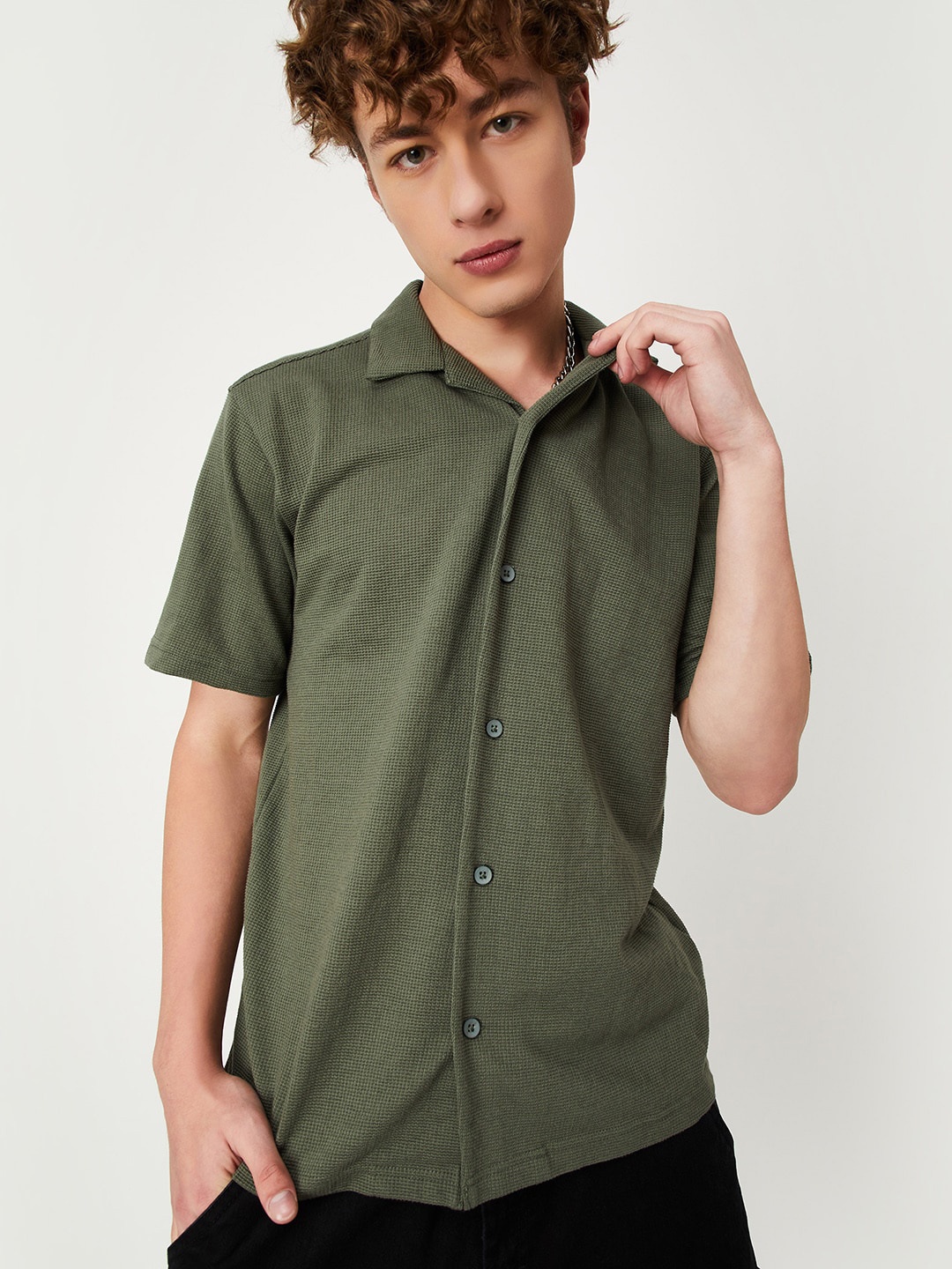 

max URB_N Men Knitted Resort Shirt, Green