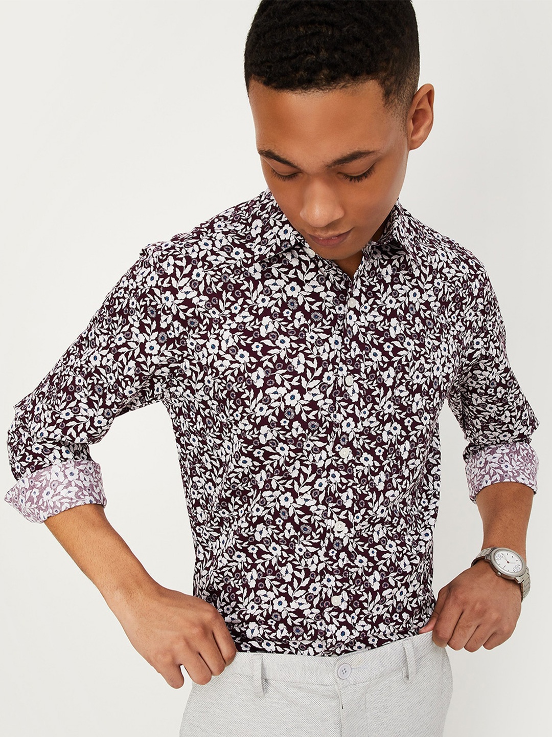 max Floral Printed Pure Cotton Casual Shirt, Magenta