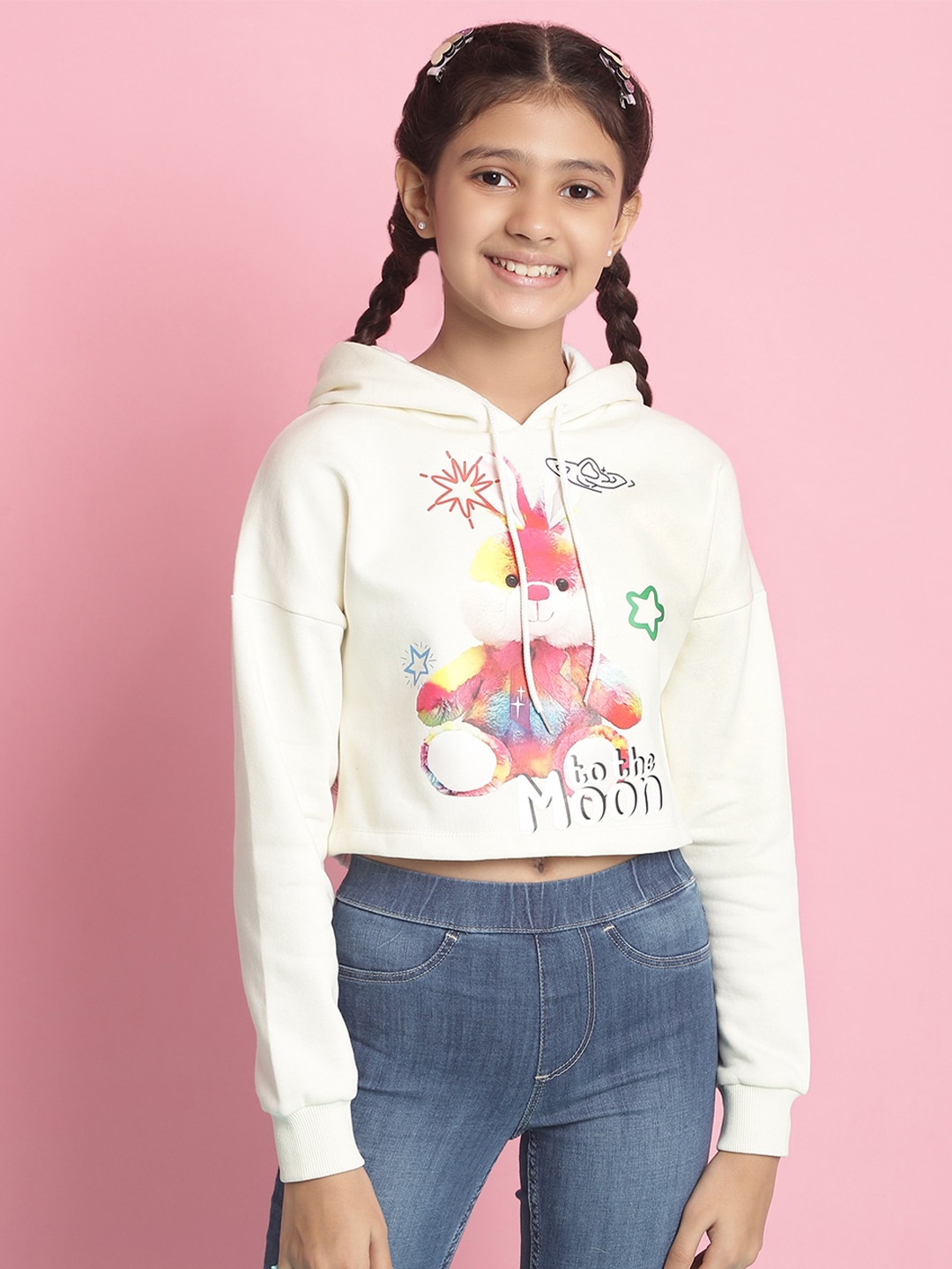 

Natilene Girls Antimicrobial Graphic Printed Hooded Fleece Crop Sweatshirt, White
