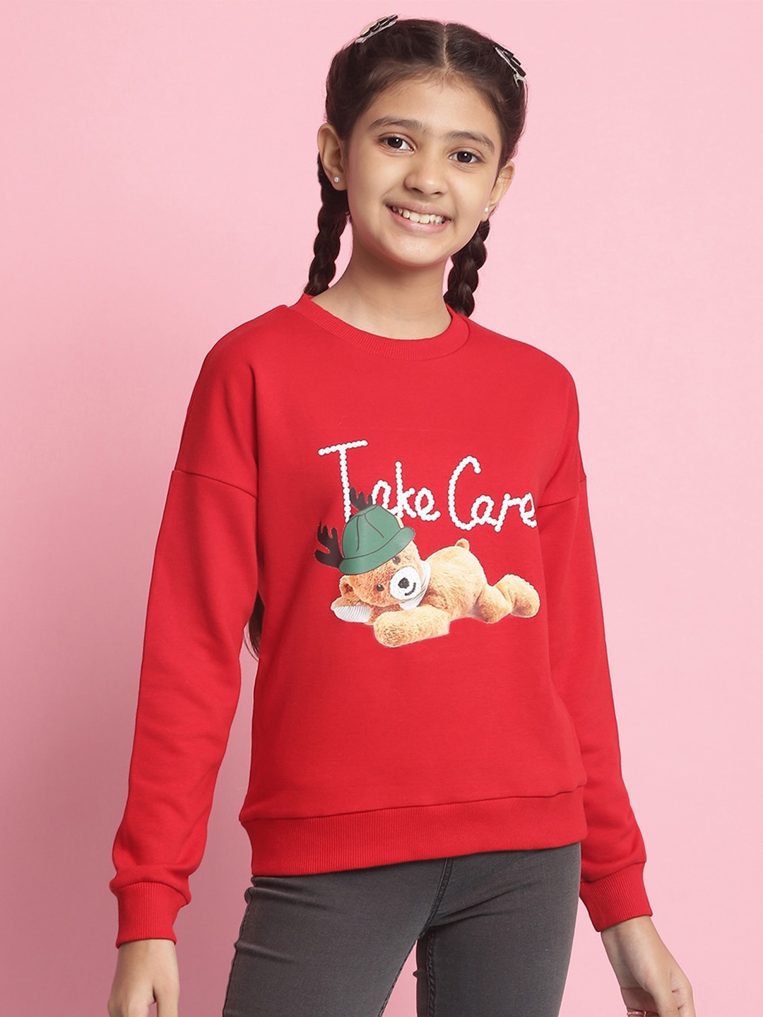 

Natilene Girls Antimicrobial Graphic Printed Fleece Sweatshirt, Red